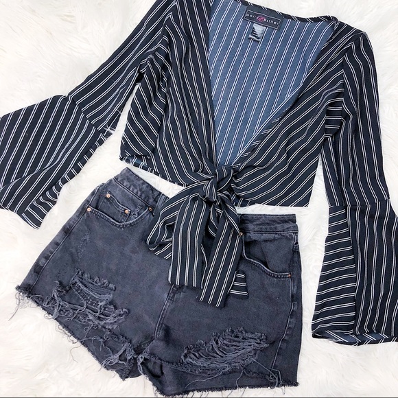 poly & esther Tops - Wrap Top Long Sleeve Poly & Esther Striped Blu/Wht